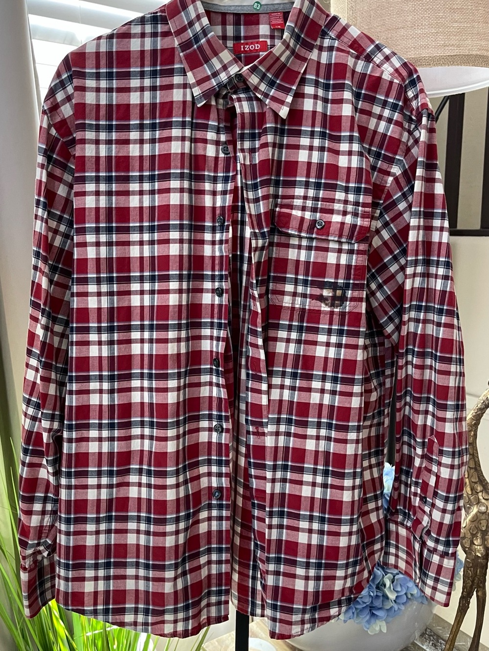 Izod Red, White and Navy Plaid Long-Sleeve Button-Down Shirt